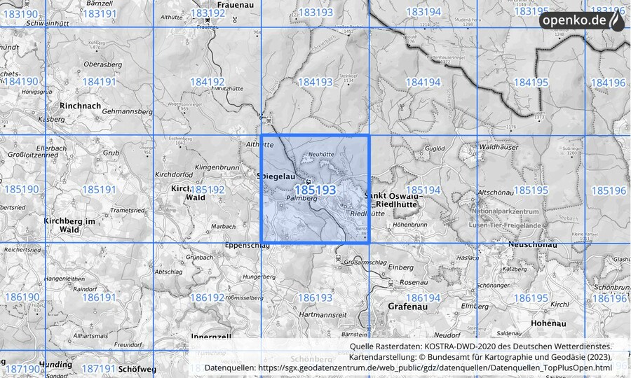 Übersichtskarte des KOSTRA-DWD-2020-Rasterfeldes Nr. 185193