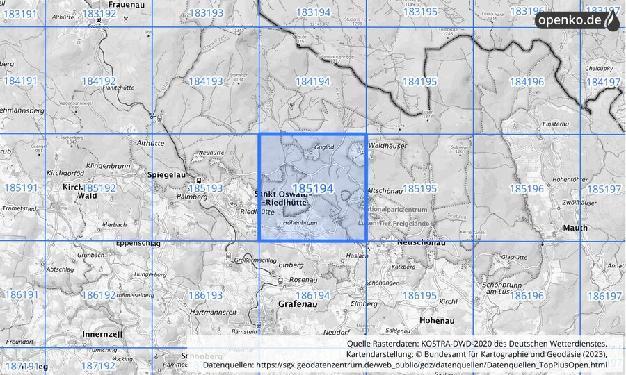 Übersichtskarte des KOSTRA-DWD-2020-Rasterfeldes Nr. 185194