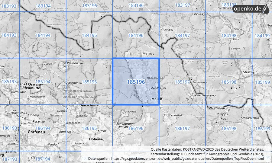 Übersichtskarte des KOSTRA-DWD-2020-Rasterfeldes Nr. 185196