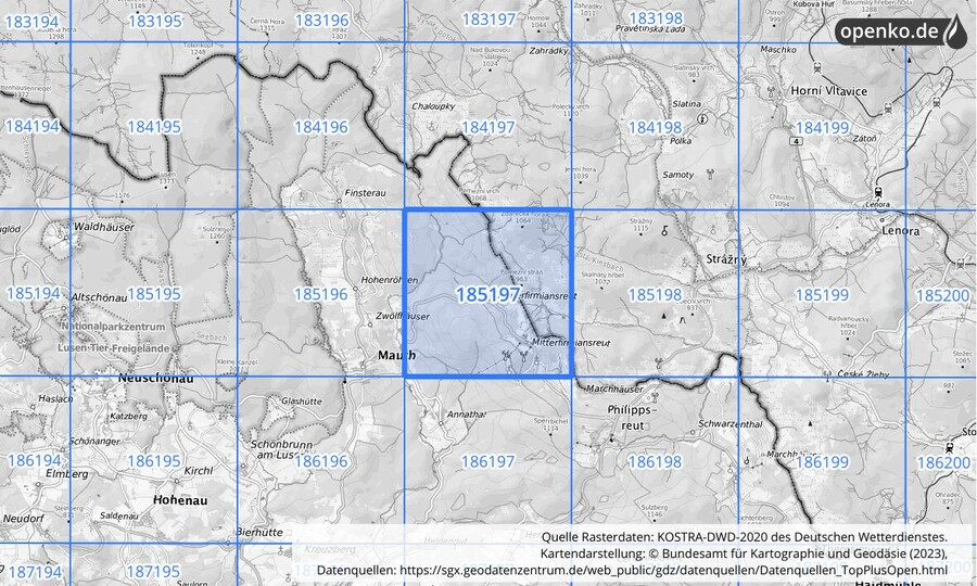 Übersichtskarte des KOSTRA-DWD-2020-Rasterfeldes Nr. 185197