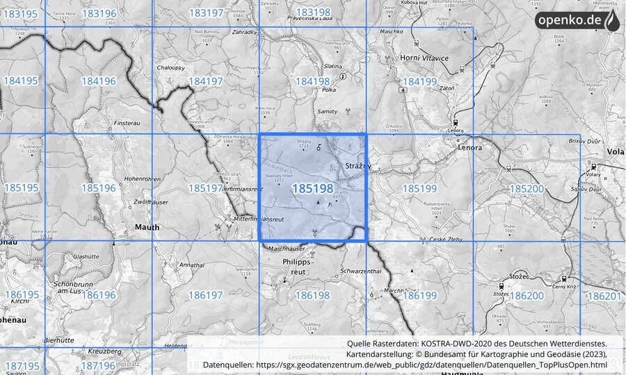 Übersichtskarte des KOSTRA-DWD-2020-Rasterfeldes Nr. 185198