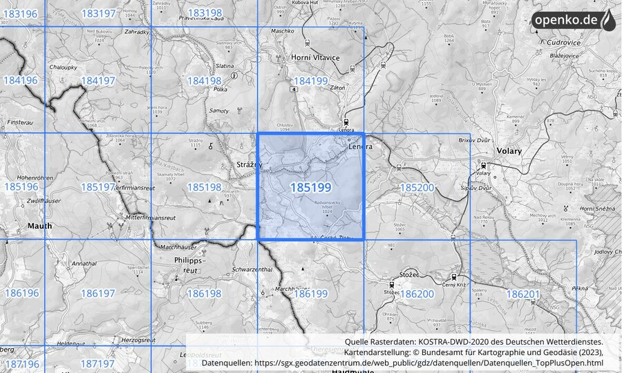 Übersichtskarte des KOSTRA-DWD-2020-Rasterfeldes Nr. 185199