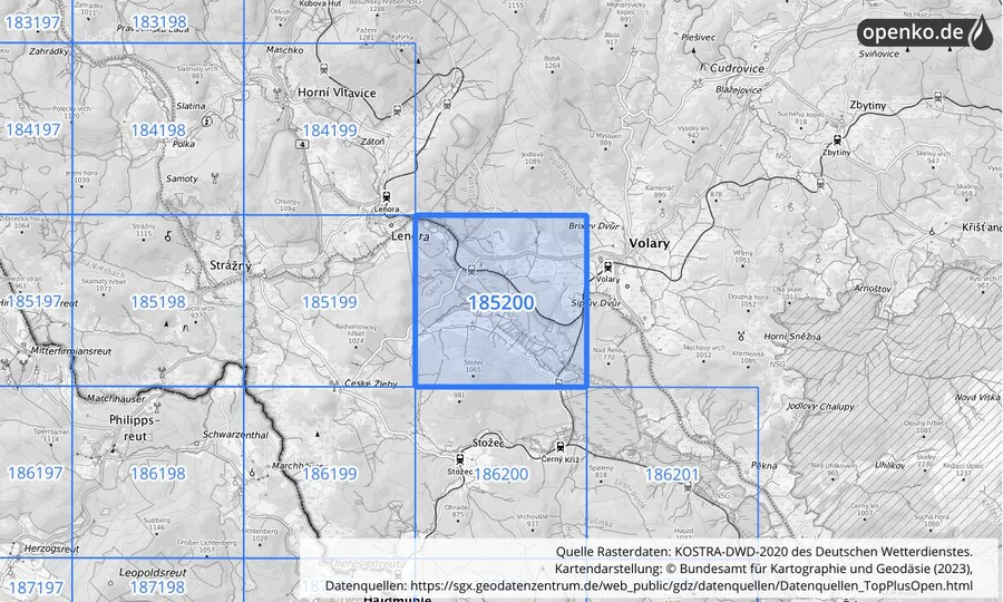 Übersichtskarte des KOSTRA-DWD-2020-Rasterfeldes Nr. 185200