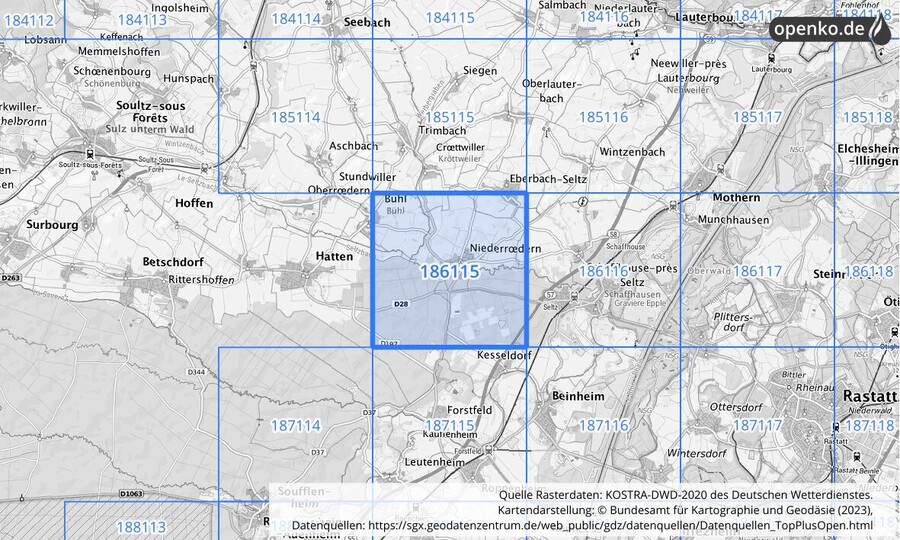 Übersichtskarte des KOSTRA-DWD-2020-Rasterfeldes Nr. 186115