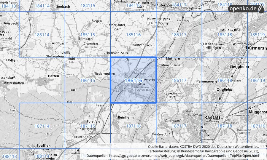 Übersichtskarte des KOSTRA-DWD-2020-Rasterfeldes Nr. 186116