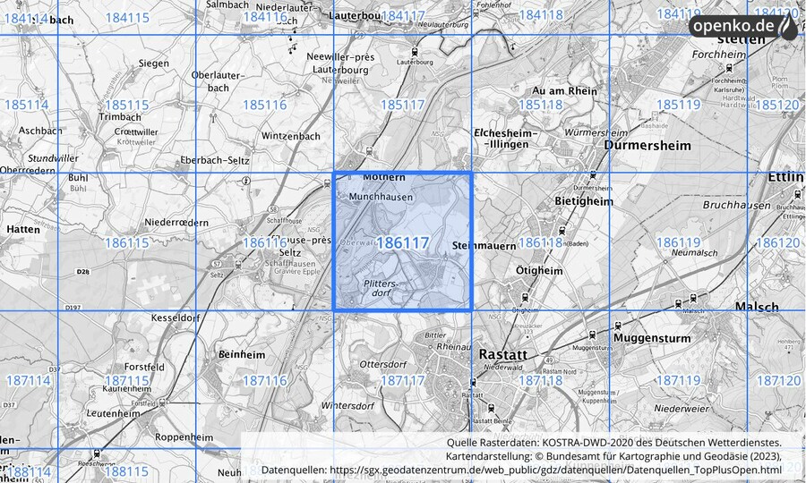 Übersichtskarte des KOSTRA-DWD-2020-Rasterfeldes Nr. 186117