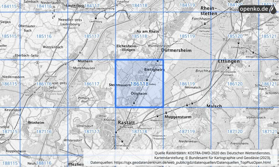 Übersichtskarte des KOSTRA-DWD-2020-Rasterfeldes Nr. 186118