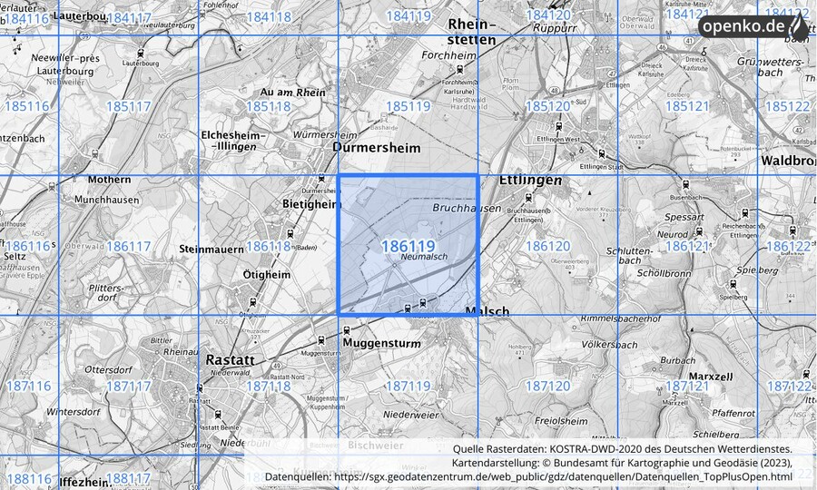 Übersichtskarte des KOSTRA-DWD-2020-Rasterfeldes Nr. 186119