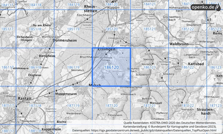 Übersichtskarte des KOSTRA-DWD-2020-Rasterfeldes Nr. 186120