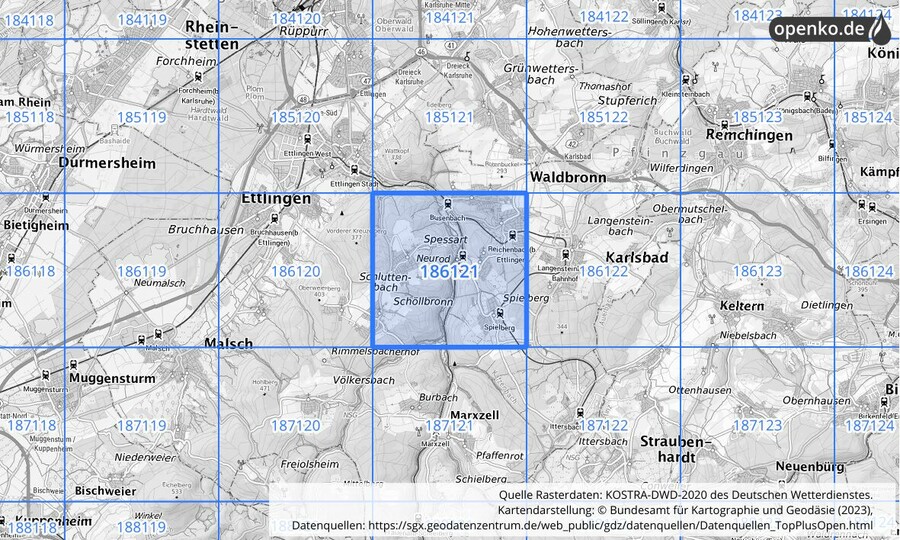 Übersichtskarte des KOSTRA-DWD-2020-Rasterfeldes Nr. 186121