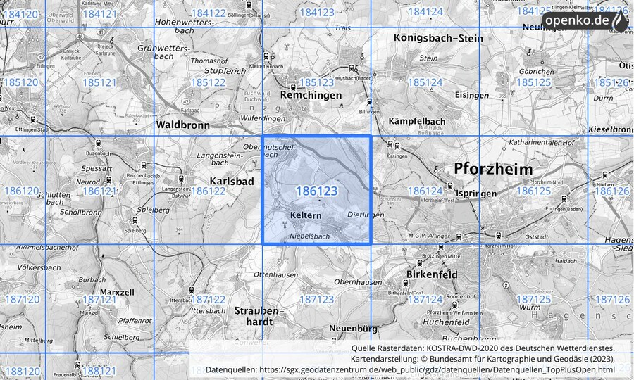 Übersichtskarte des KOSTRA-DWD-2020-Rasterfeldes Nr. 186123