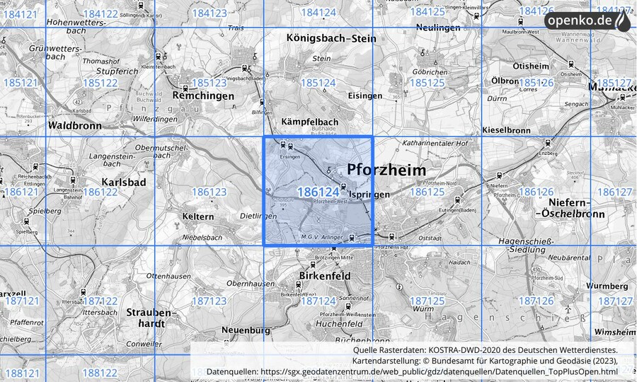 Übersichtskarte des KOSTRA-DWD-2020-Rasterfeldes Nr. 186124