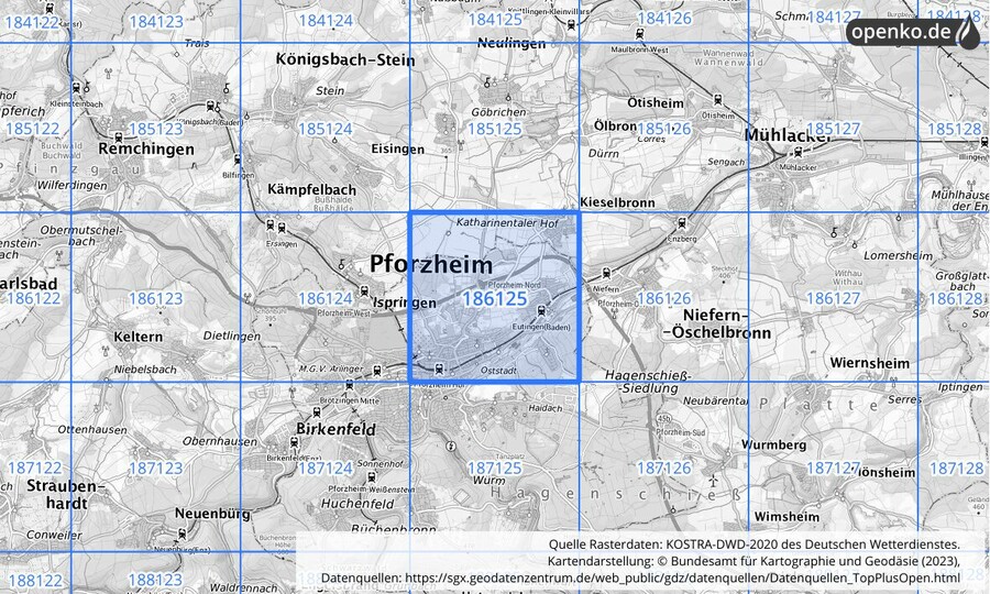 Übersichtskarte des KOSTRA-DWD-2020-Rasterfeldes Nr. 186125