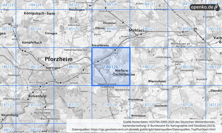 Übersichtskarte des KOSTRA-DWD-2020-Rasterfeldes Nr. 186126