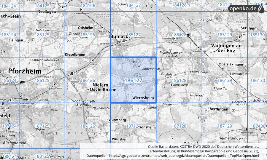 Übersichtskarte des KOSTRA-DWD-2020-Rasterfeldes Nr. 186127