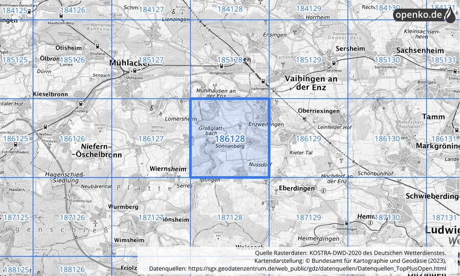 Übersichtskarte des KOSTRA-DWD-2020-Rasterfeldes Nr. 186128