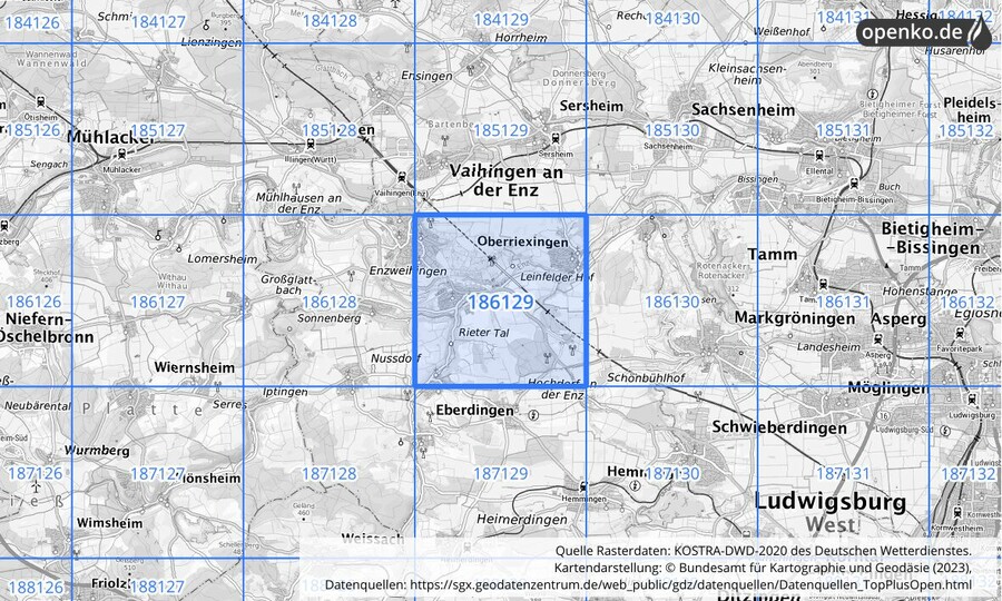 Übersichtskarte des KOSTRA-DWD-2020-Rasterfeldes Nr. 186129