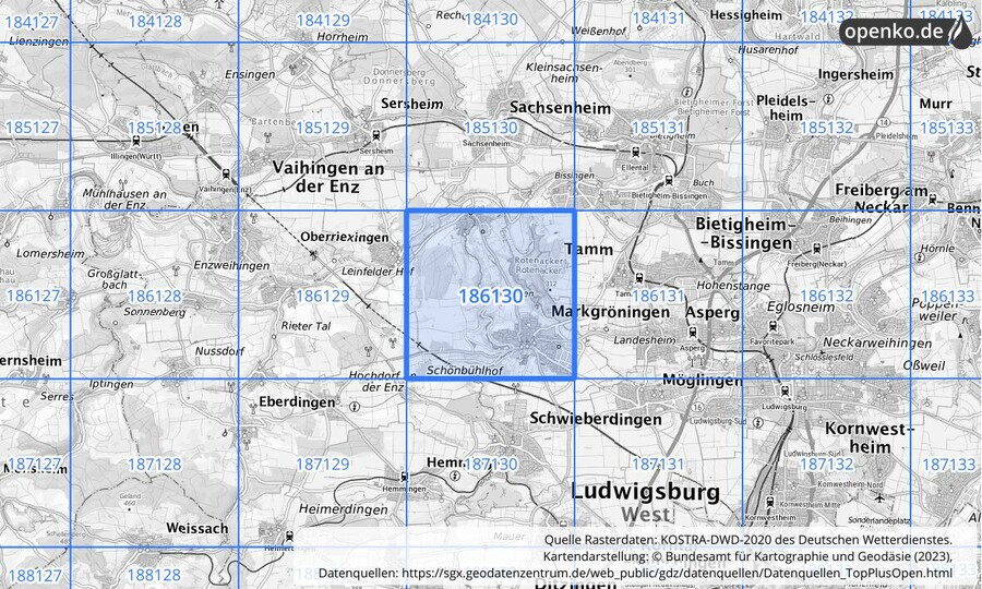 Übersichtskarte des KOSTRA-DWD-2020-Rasterfeldes Nr. 186130