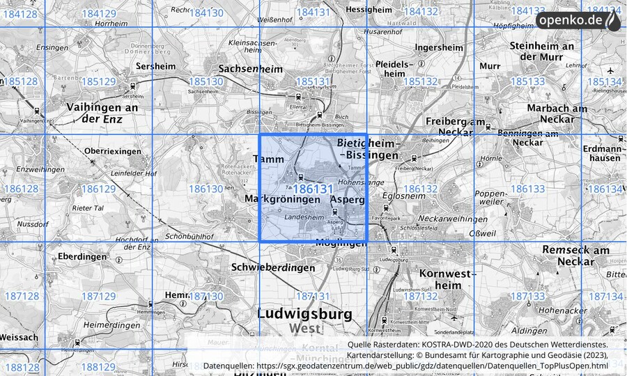 Übersichtskarte des KOSTRA-DWD-2020-Rasterfeldes Nr. 186131