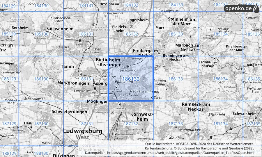 Übersichtskarte des KOSTRA-DWD-2020-Rasterfeldes Nr. 186132