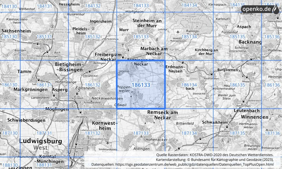 Übersichtskarte des KOSTRA-DWD-2020-Rasterfeldes Nr. 186133