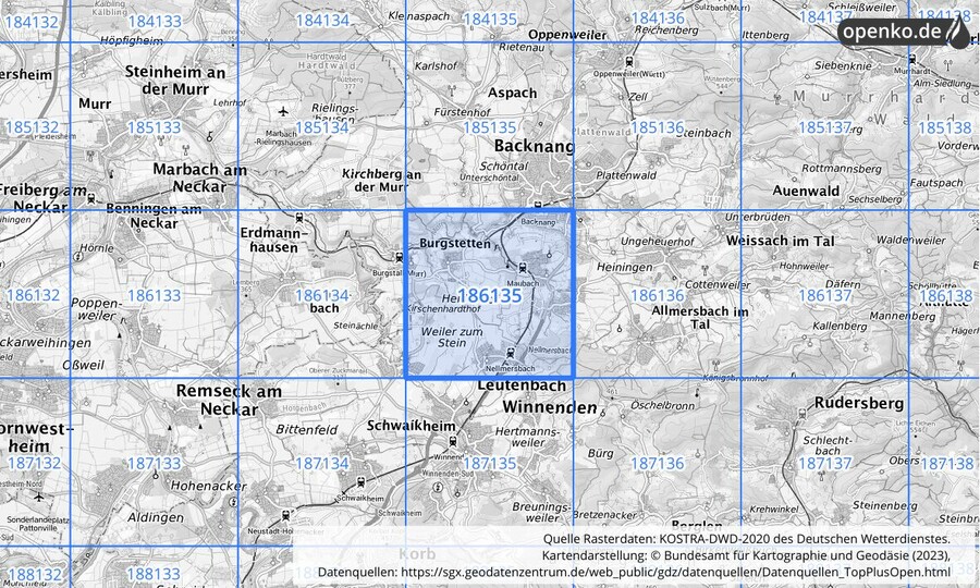 Übersichtskarte des KOSTRA-DWD-2020-Rasterfeldes Nr. 186135