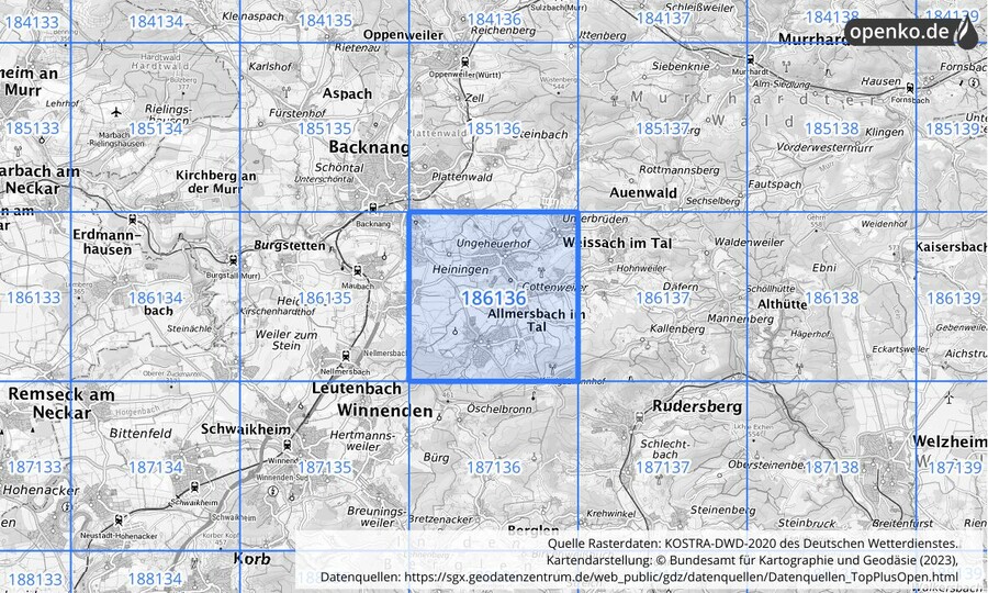 Übersichtskarte des KOSTRA-DWD-2020-Rasterfeldes Nr. 186136