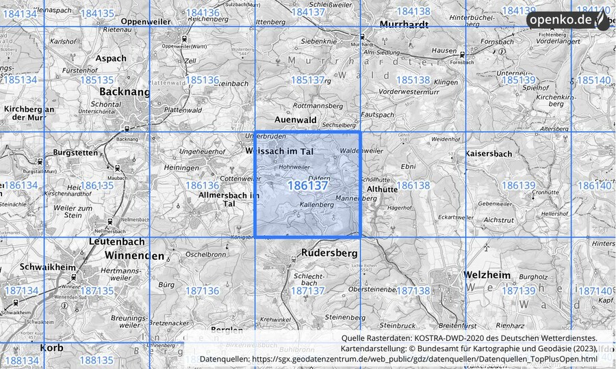 Übersichtskarte des KOSTRA-DWD-2020-Rasterfeldes Nr. 186137