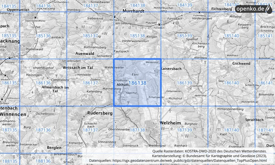 Übersichtskarte des KOSTRA-DWD-2020-Rasterfeldes Nr. 186138