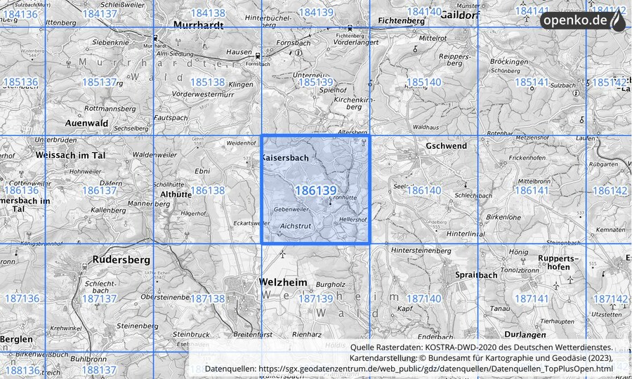 Übersichtskarte des KOSTRA-DWD-2020-Rasterfeldes Nr. 186139