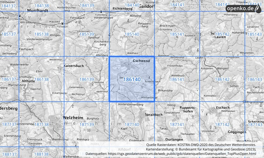 Übersichtskarte des KOSTRA-DWD-2020-Rasterfeldes Nr. 186140
