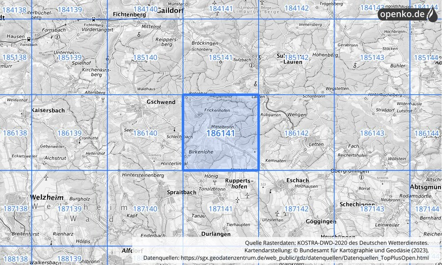 Übersichtskarte des KOSTRA-DWD-2020-Rasterfeldes Nr. 186141