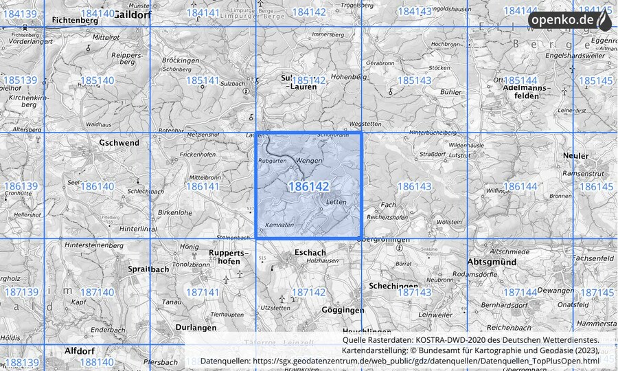 Übersichtskarte des KOSTRA-DWD-2020-Rasterfeldes Nr. 186142