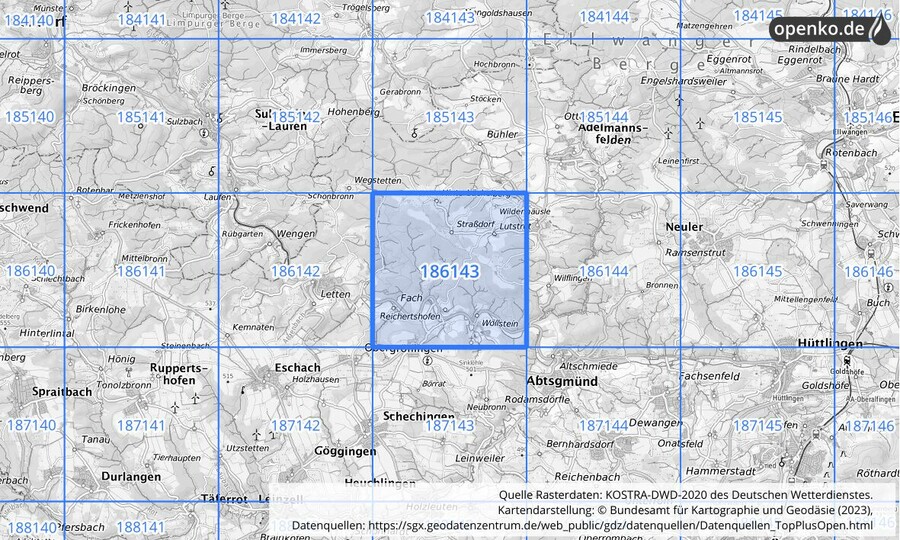 Übersichtskarte des KOSTRA-DWD-2020-Rasterfeldes Nr. 186143