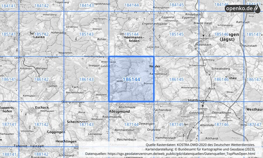Übersichtskarte des KOSTRA-DWD-2020-Rasterfeldes Nr. 186144
