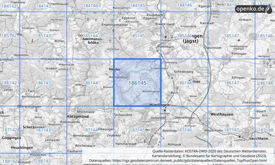 Übersichtskarte des KOSTRA-DWD-2020-Rasterfeldes Nr. 186145