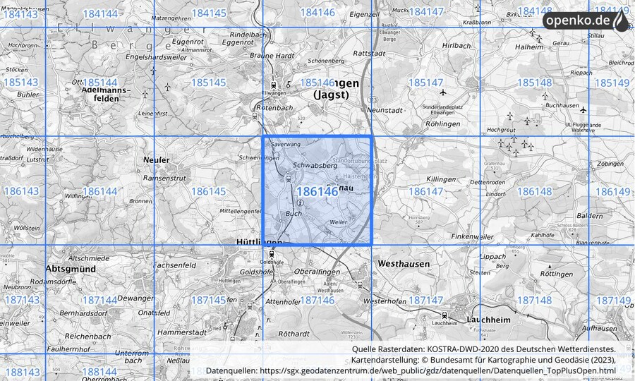 Übersichtskarte des KOSTRA-DWD-2020-Rasterfeldes Nr. 186146