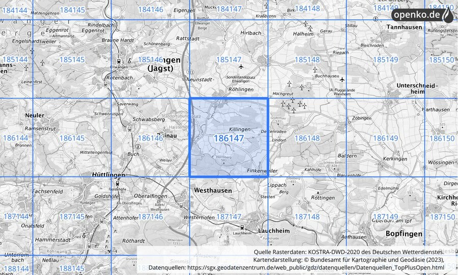 Übersichtskarte des KOSTRA-DWD-2020-Rasterfeldes Nr. 186147