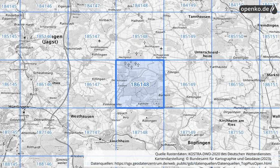 Übersichtskarte des KOSTRA-DWD-2020-Rasterfeldes Nr. 186148