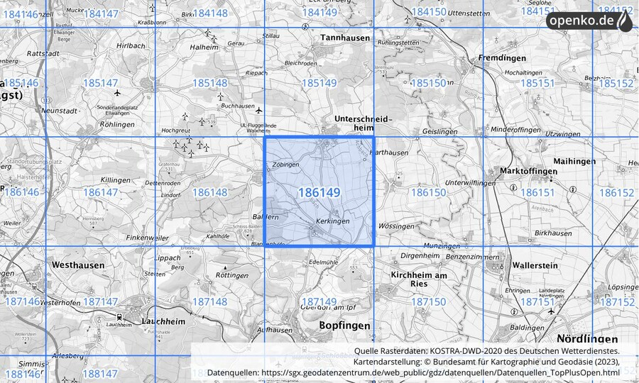 Übersichtskarte des KOSTRA-DWD-2020-Rasterfeldes Nr. 186149