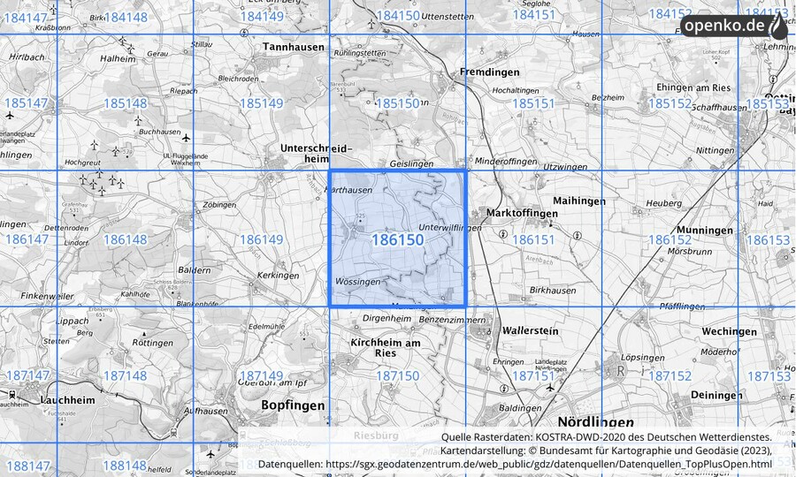 Übersichtskarte des KOSTRA-DWD-2020-Rasterfeldes Nr. 186150