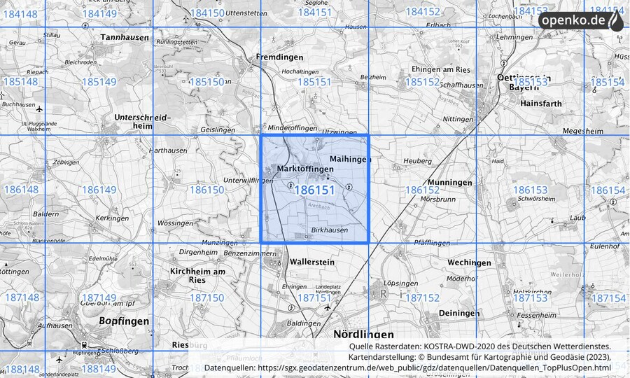 Übersichtskarte des KOSTRA-DWD-2020-Rasterfeldes Nr. 186151