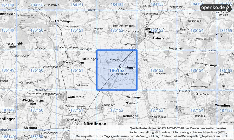 Übersichtskarte des KOSTRA-DWD-2020-Rasterfeldes Nr. 186152