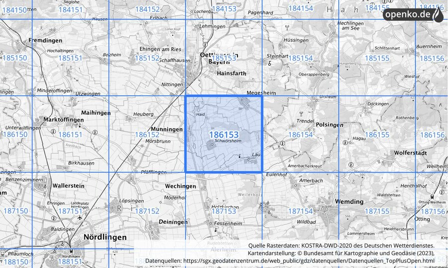 Übersichtskarte des KOSTRA-DWD-2020-Rasterfeldes Nr. 186153