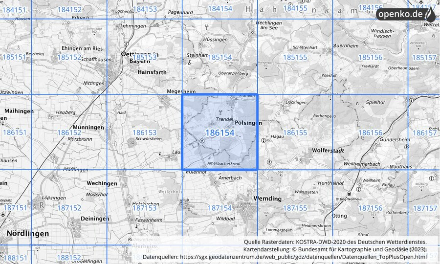 Übersichtskarte des KOSTRA-DWD-2020-Rasterfeldes Nr. 186154