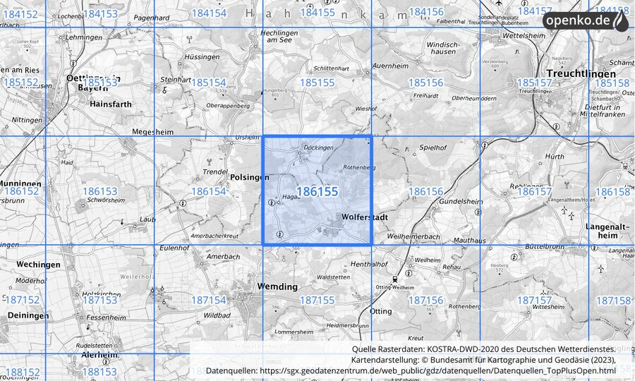 Übersichtskarte des KOSTRA-DWD-2020-Rasterfeldes Nr. 186155