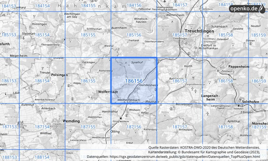 Übersichtskarte des KOSTRA-DWD-2020-Rasterfeldes Nr. 186156