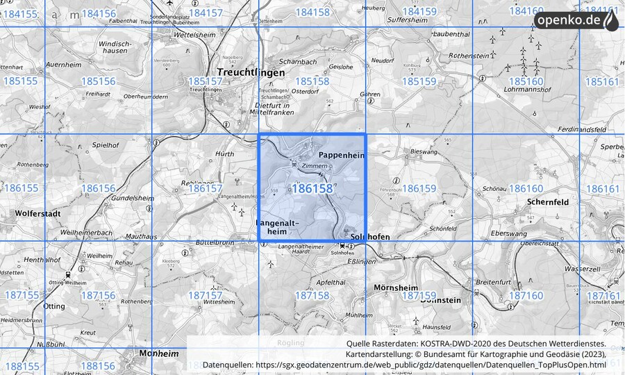 Übersichtskarte des KOSTRA-DWD-2020-Rasterfeldes Nr. 186158