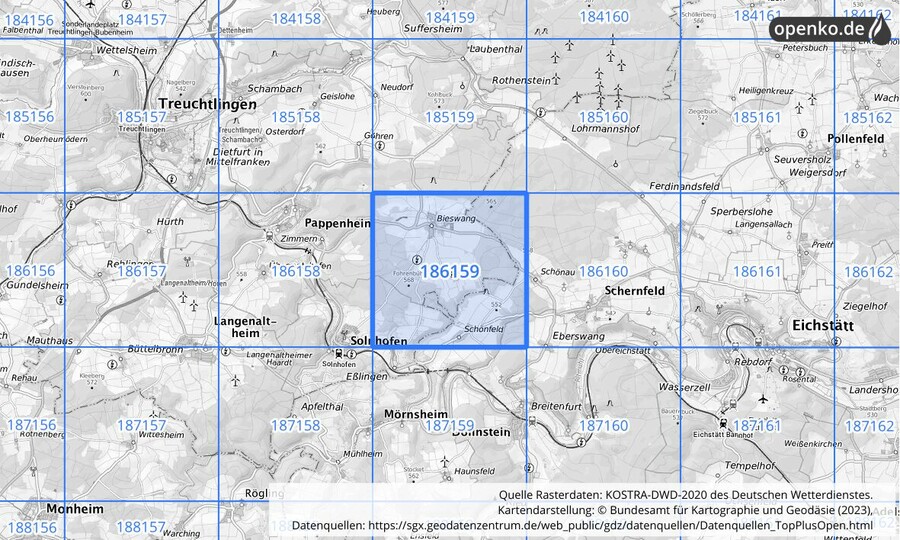 Übersichtskarte des KOSTRA-DWD-2020-Rasterfeldes Nr. 186159