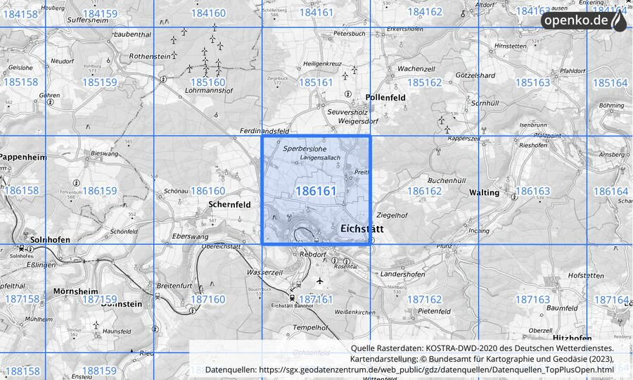 Übersichtskarte des KOSTRA-DWD-2020-Rasterfeldes Nr. 186161